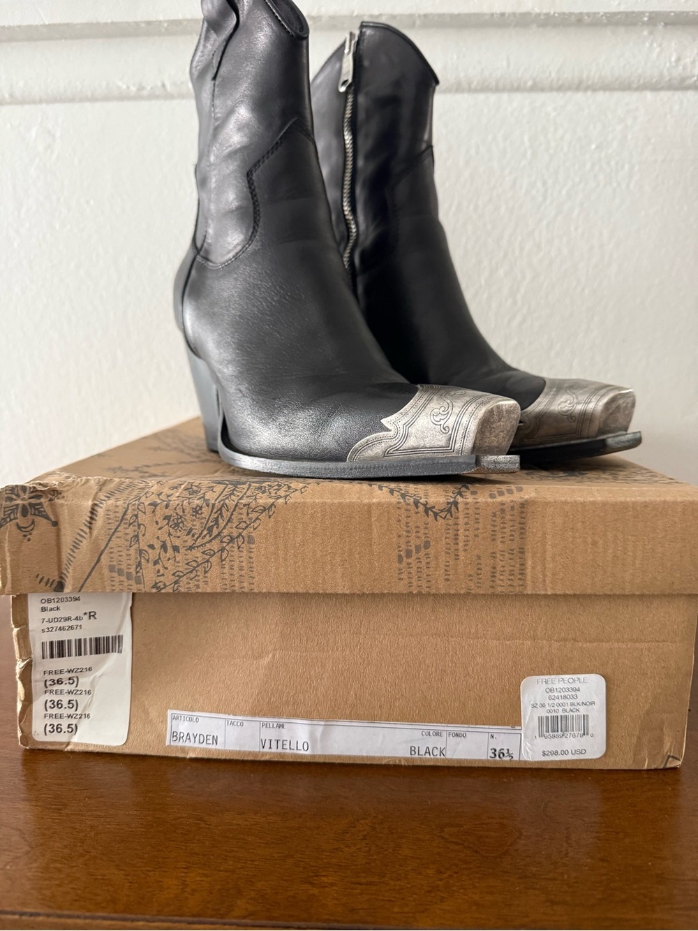 Free People Black Leather Western Ankle Boots with Silver Toe Caps